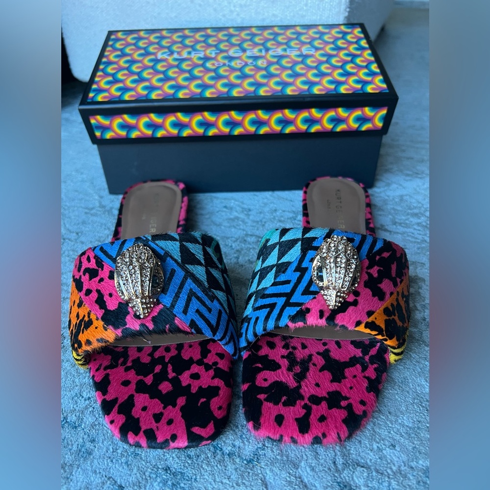 Kurt Geiger London Pony Fur Statement Mules Multicolor Eagle Women’s Size 10